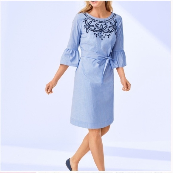 Talbots Blue Pinstriped Embroidered Dress Size 6 - Picture 1 of 14